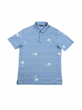 TravisMathew Mens Large Blue White Palm Tree Striped Golf Polo Shirt